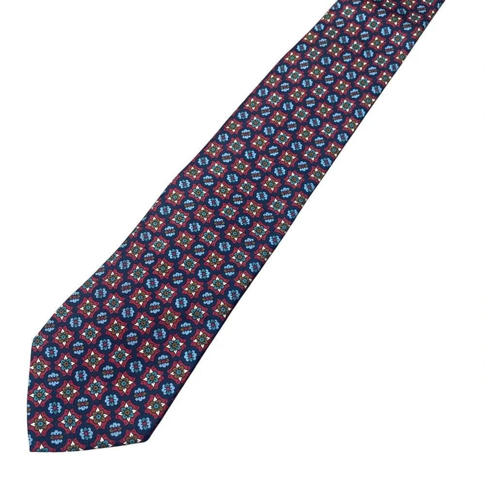 Vintage J. Crew Silk Tie Medallion Mens Blue Red Oarsma Geometric USA Academia